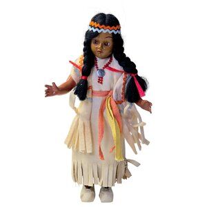 Vintage Native American Style Souvenir Doll 7.75in Braids Leather Dress USA Made